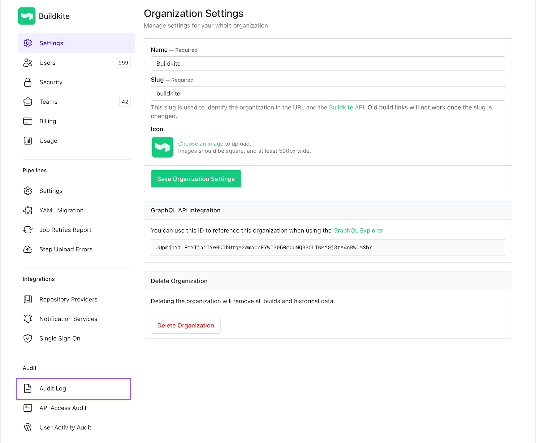 Audit Log in Organization Settings