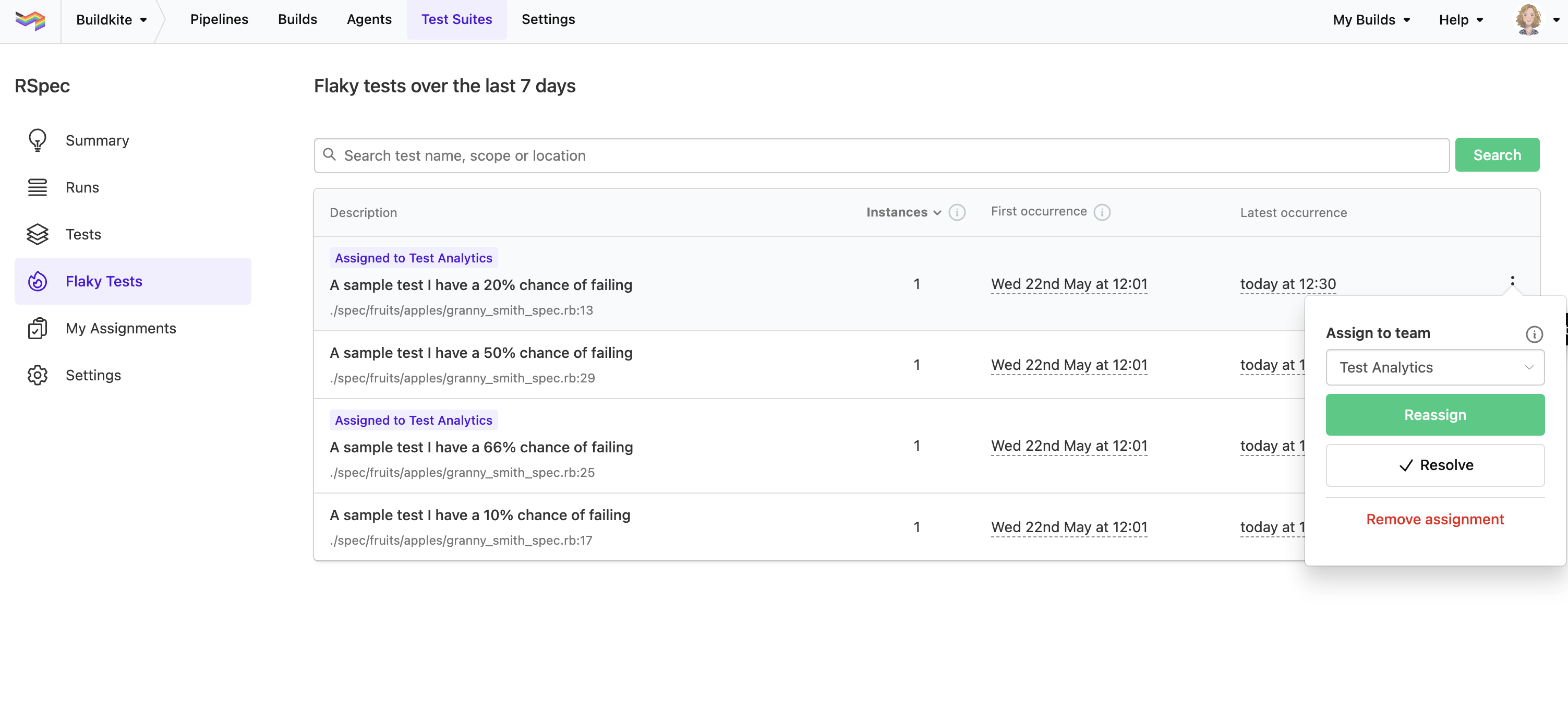 Flaky test page showing team assignments